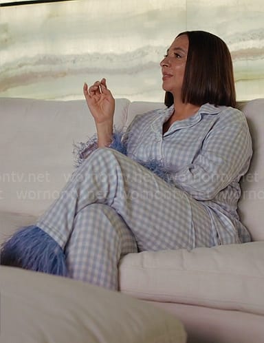 Molly’s blue gingham pajamas with feather trim on Loot