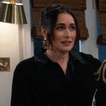 Lois’s black lace cuff shirtdress and gold square earrings on General Hospital