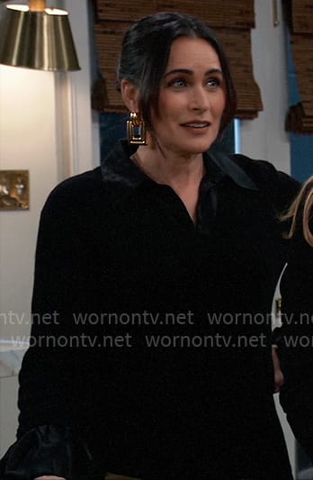 Lois's black lace cuff shirtdress and gold square earrings on General Hospital