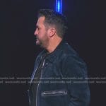 Luke Bryan’s blue suede zip jacket on American Idol