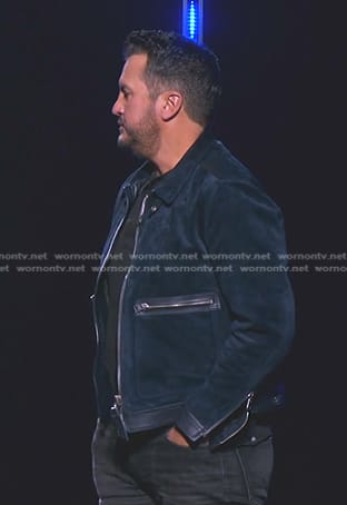 Luke Bryan’s blue suede zip jacket on American Idol