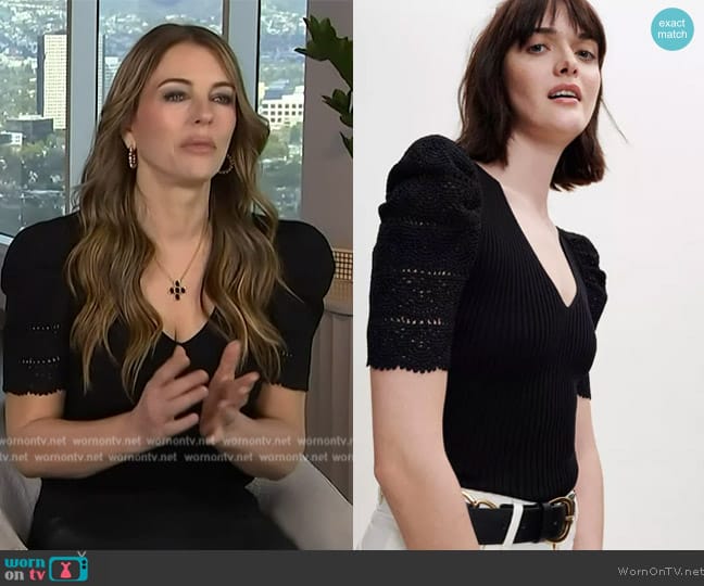 Maje Crochet And Knit Jumper worn by Elizabeth Hurley on Access Hollywood