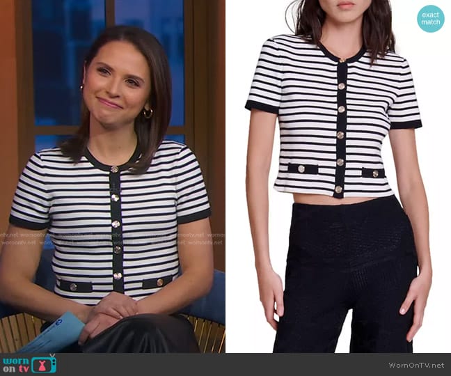 Maje Mirolls Short Sleeve Striped Cropped Cardigan worn by Elizabeth Schulze on Good Morning America