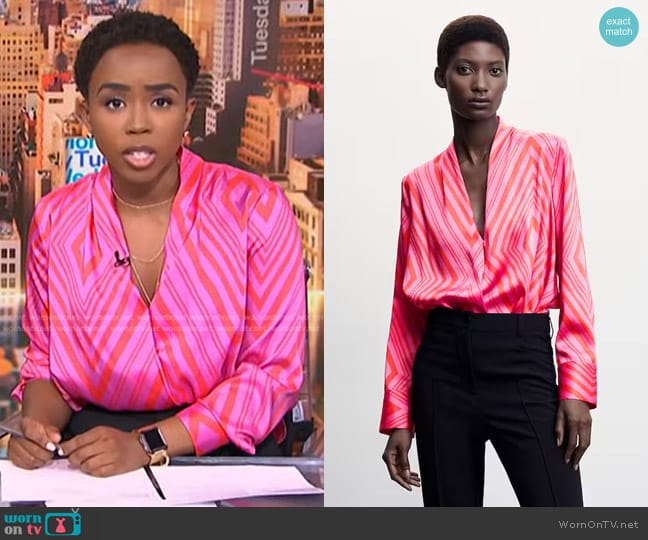 Mango Satin Print Blouse in Fuchsia worn by Zinhle Essamuah on NBC News Daily