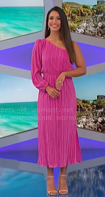 Manuela's pink one-shoulder midi dress on The Price is Right