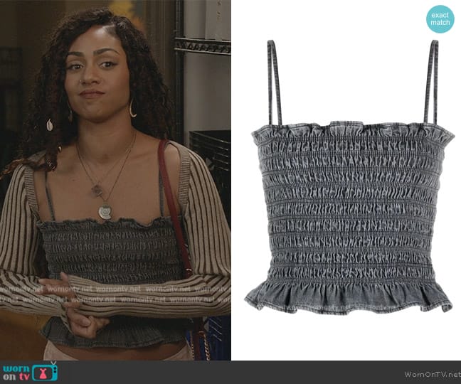 Marant Etoile Daline smocked denim tank top worn by Patience (Chelsea Tavares) on All American