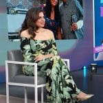 Mayan Lopez’s green floral print off shoulder dress on Access Hollywood