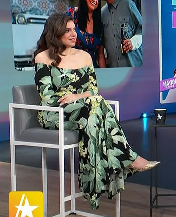 Mayan Lopez's green floral print off shoulder dress on Access Hollywood