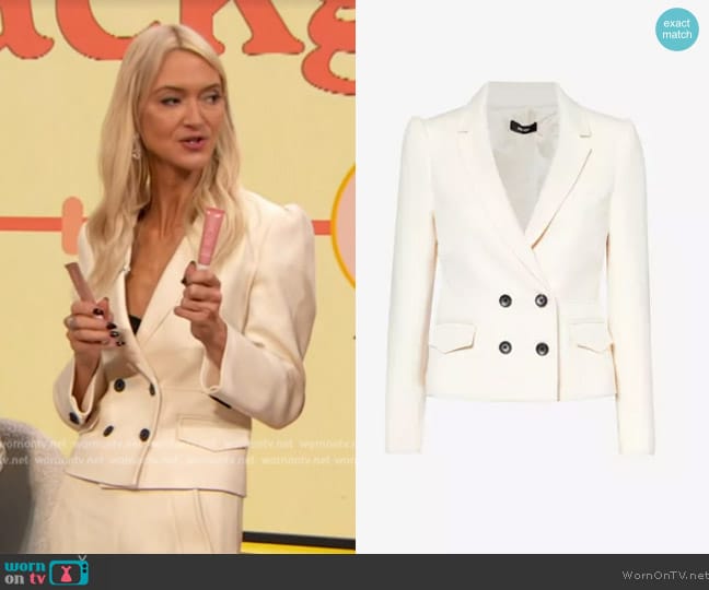 Me and Em Notch-lapel double-breasted stretch-woven blazer worn by Zanna Roberts on The Drew Barrymore Show