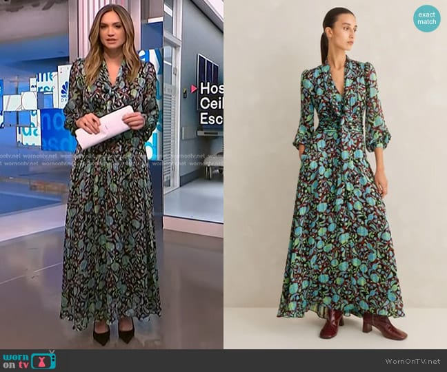 Me + Em Shadow Bloom Print Metallic Maxi Dress + Belt worn by Ellison Barber on NBC News Daily