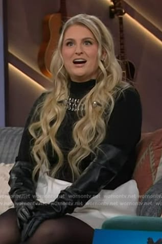 Meghan Trainor's black embellished short sleeve sweater on The Kelly Clarkson Show