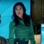 Mel’s green shirt and tweed tank top on The Equalizer