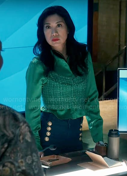 Mel's green shirt and tweed tank top on The Equalizer