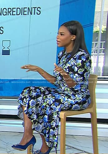 Dr. Michelle Henry’s floral print dress and blue satin pumps on Today