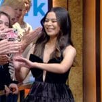 Miranda Cosgrove’s black bow front mini dress on Live with Kelly and Mark