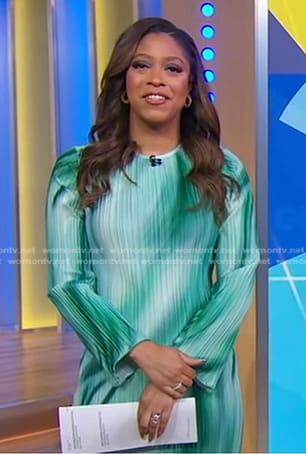 Morgan’s green tie dye pleated dress on Good Morning America