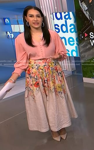 Morgan’s pink blouse and floral skirt on NBC News Daily