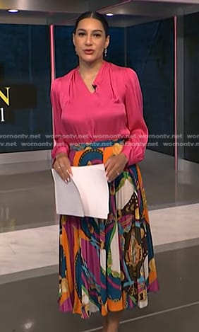 Morgan's pink blouse and print pleated skirt on NBC News Daily