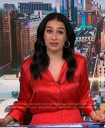 Morgan’s red chain print shirt and wide-leg pants on NBC News Daily