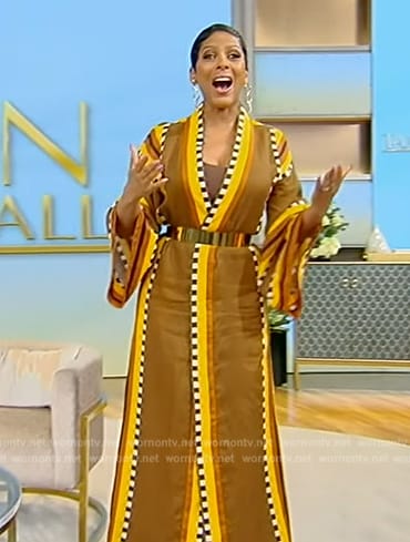 Tamron's brown printed robe on Tamron Hall Show