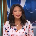 Nancy Chen’s white floral wrap blouse on CBS Saturday Morning