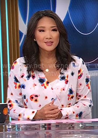 Nancy Chen's white floral wrap blouse on CBS Saturday Morning