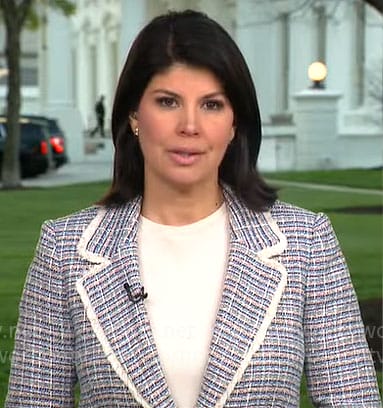 Natalie Brand’s tweed blazer with white trim on CBS Mornings