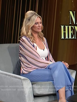 Natasha Henstridge's pink stripe blouse on Access Hollywood