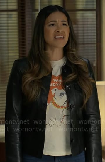 Nell’s I Want Candy dog t-shirt and leather jacket on Not Dead Yet