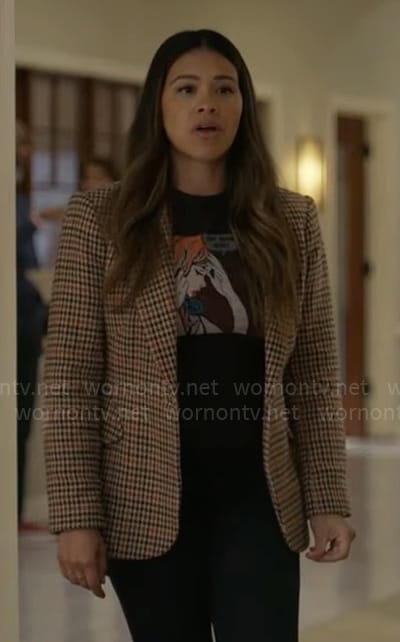 Nell's Just Send Wine t-shirt and houndstooth blazer on Not Dead Yet