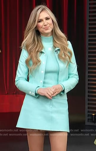 Nikki Novak's turquoise leather jacket and skirt on Access Hollywood