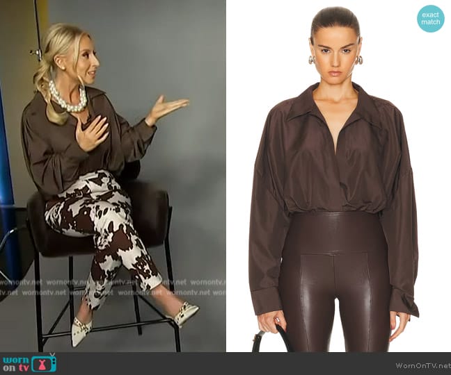 Norma Kamali Super Oversized Boyfriend NK Shirt Bodysuit worn by Sydney Sadick on Access Hollywood