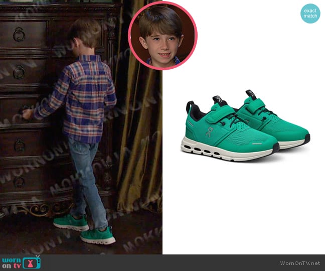 On Kids' Cloud Play Running Sneaker in Mint/ Acai worn by Thomas DiMera (Cary Christopher) on Days of our Lives