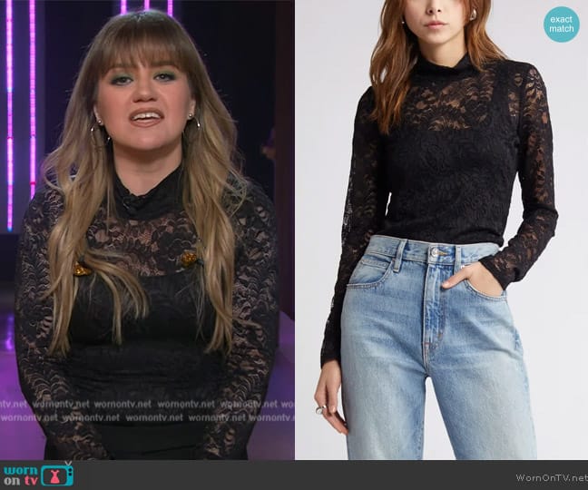 Open Edit Mock Neck Long Sleeve Lace Top worn by Kelly Clarkson on The Kelly Clarkson Show