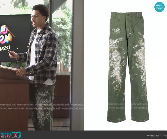 Orslow Paint-splatter cotton trousers worn by Andre Johnson, Jr. (Marcus Scribner) on Grown-ish