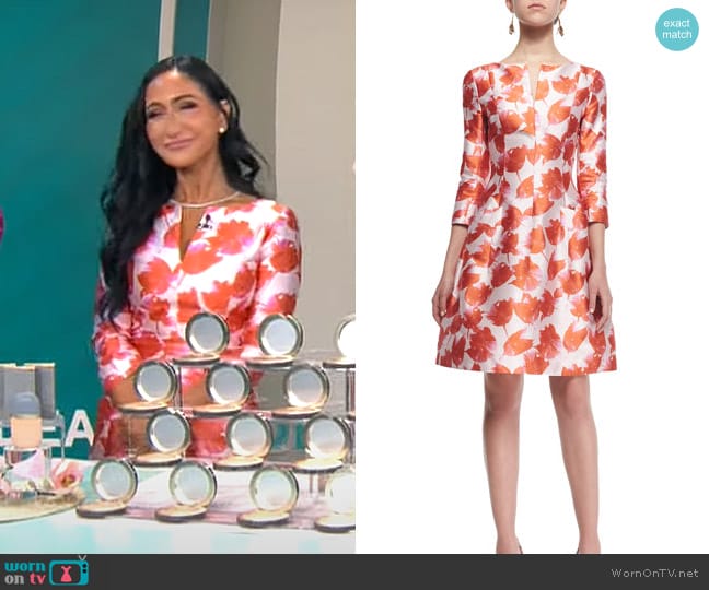 Oscar de la Renta 3/4-Sleeve Petal-Print Silk Dress worn by Elizabeth Werner on CBS Mornings