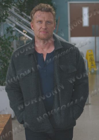 Owen's grey teddy jacket on Greys Anatomy