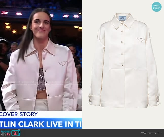 Parada Boxy Crystal Button Satin Double Shirt worn by Caitlin Clark on Good Morning America