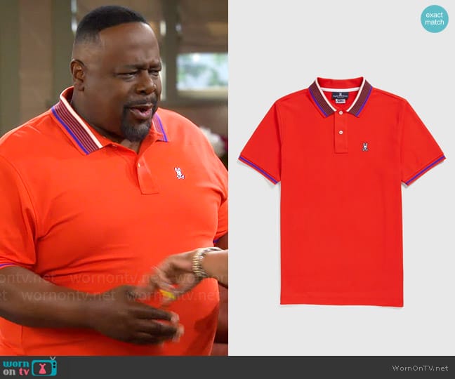 Psycho Bunny Red Spice York Stripe Collar Logo Short Sleeve Polo Shirt worn by Calvin (Cedric The Entertainer) on The Neighborhood