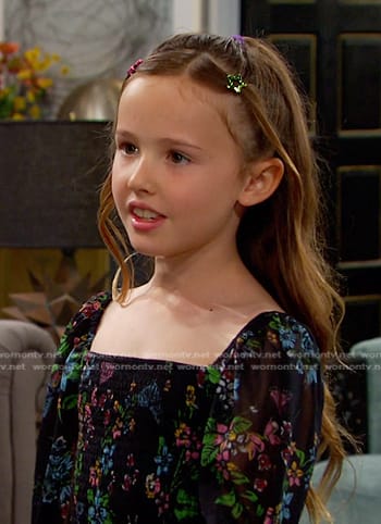 Rachel’s black floral smocked dress on Days of our Lives