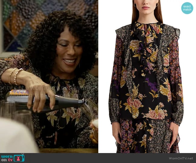 LAUREN Ralph Lauren Floral Ruffle Top worn by Cricket (Angela Gibbs) on Not Dead Yet