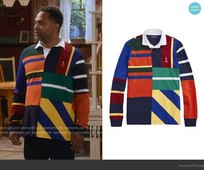 Ralph Lauren Patchwork Striped Long Sleeve Rugby Shirt worn by Bernard Upshaw (Mike Epps) on The Upshaws