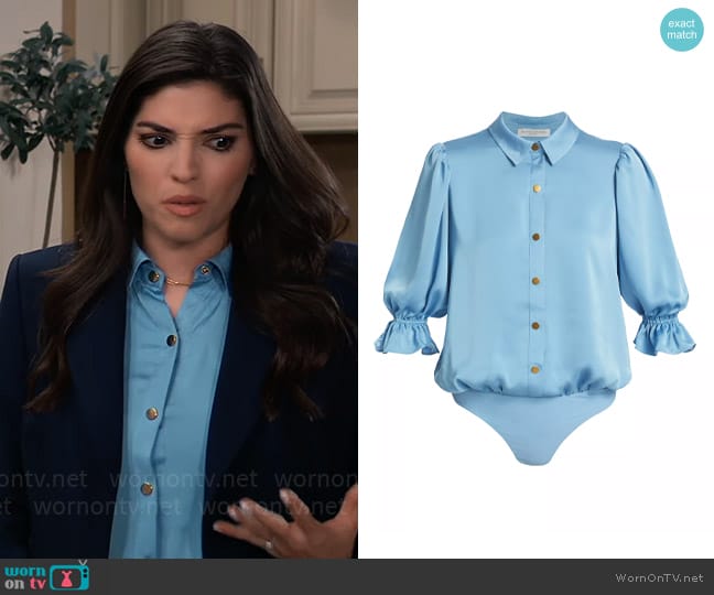 Ramy Brook Dina Button-Front Bodysuit in Blue Quartz worn by Brook Lynn Quartermaine (Amanda Setton) on General Hospital