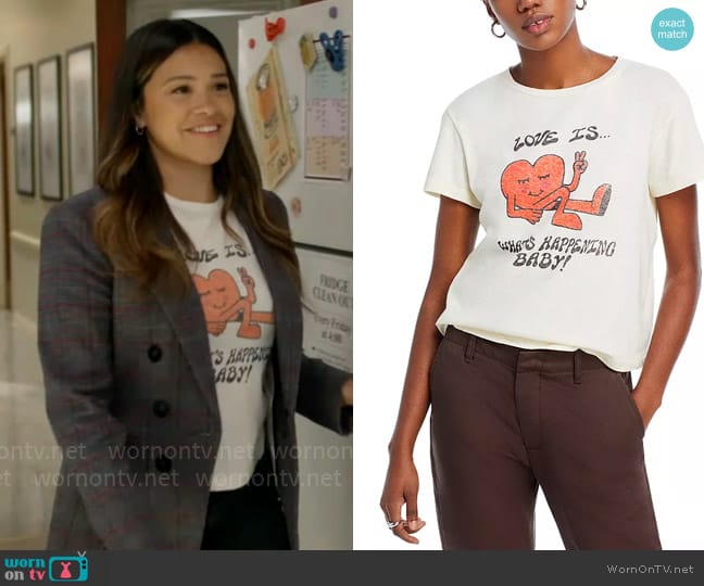 Re/Done What's Happening Graphic Classic Tee worn by Nell Serrano (Gina Rodriguez) on Not Dead Yet