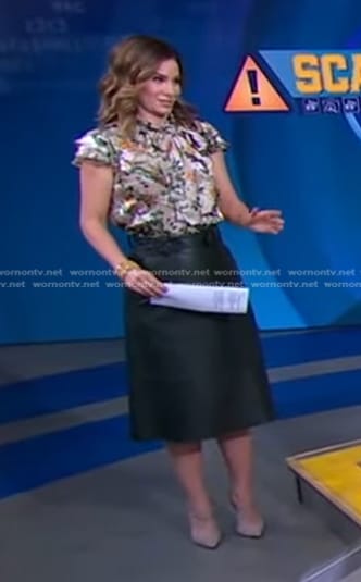 Rebecca’s floral ruffle top and black leather skirt on Good Morning America