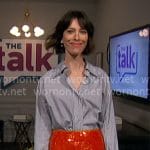 Rebecca Hall’s blue striped and red sequin dress on The Talk