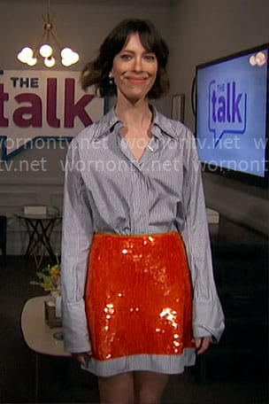 Rebecca Hall's blue striped and red sequin dress on The Talk