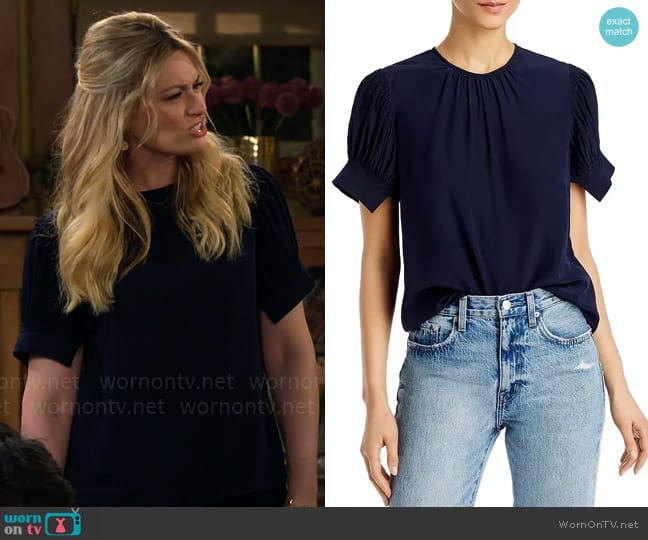 Rebecca Taylor Pleated Puff Sleeve Silk Top worn by Gemma (Beth Behrs) on The Neighborhood