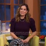 Rebecca’s purple puff sleeve sweater and printed skirt on Good Morning America