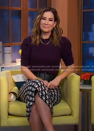 Rebecca's purple puff sleeve sweater and printed skirt on Good Morning America